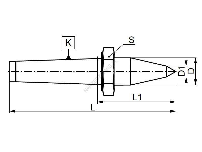 Rysunek techniczny: Kieł stały wydłużony z nakrętką - 60 stopni: T.8727 MS2 - KOLNO